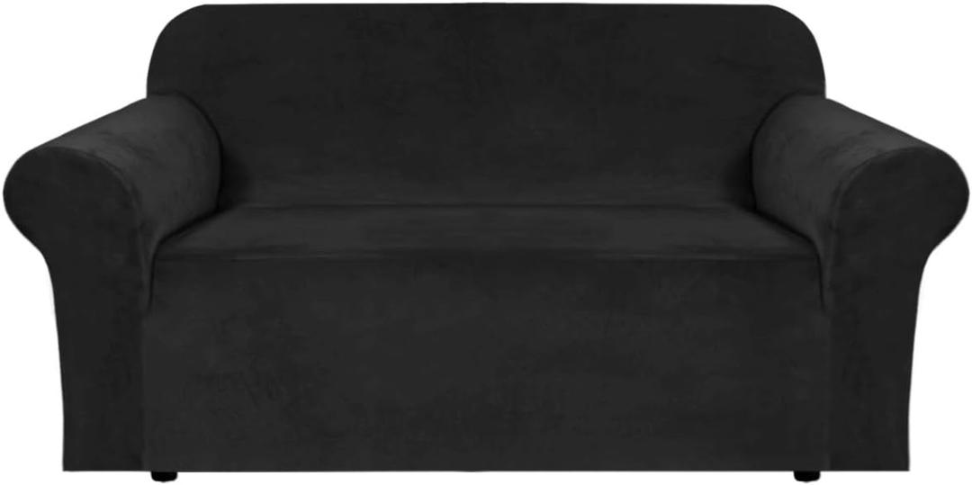 H.VERSAILTEX Stretch Velvet Loveseat Covers for 2 Cushion Couch Covers for Living Room Sofa Covers Slipcovers with Non Slip Straps Bottom, Ultra Thick Comfy Velour (Width 58"-72", Black)