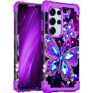 Miqala for Galaxy S25 Ultra 5G Case, Glow in The Dark Three Layer Heavy Duty Shockproof Full Protection Hard Plastic Bumper+Soft Silicone Protective Case for Samsung Galaxy S25 Ultra 6.9 inch, Dark (Amaranth Dark Butterfly)