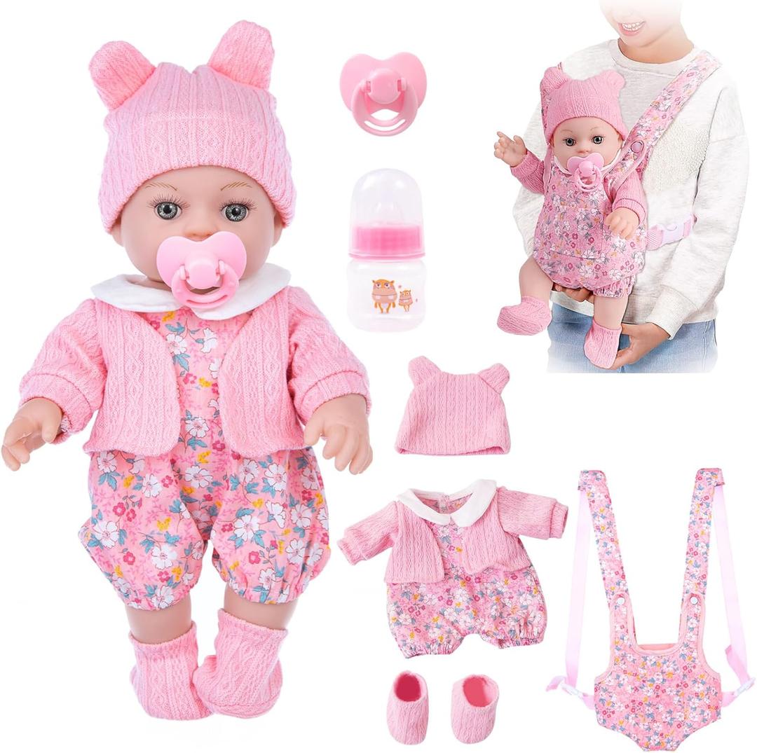 12" Baby Doll Set with Clothes and Baby Carrier for Dolls Reborn Baby Doll Accessories Include Feeding Bottles Nipple Toy Stuffs for Kids Age 3+