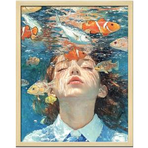 Girl Room Wall Art Prints The Girl In The Sea And Fish Poster Canvas Art Wall Decor Picture For Bedroom Office Dorm Bathroom Wall Decor Aesthetic Home Artwork 12" × 16" With Framed
