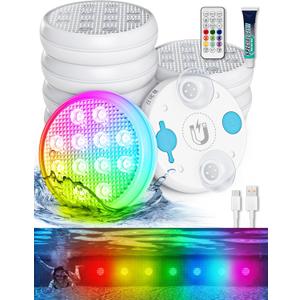 Submersible LED Lights with Remote, Changing Multicolor Underwater Pool Lights, IP68 Waterproof, Built-in Large Capacity Battery, with Magnets, Suction Cups, and Glue, for Hot Tub, Bathtub (6 Pack) White Submersible LED Lights with Remote, Changing Multicolor Underwater Pool Lights, IP68 Waterproof, Built-in Large Capacity Battery, with Magnets, Suction Cups, and Glue, for Hot Tub, Bathtub (6 Pack) White