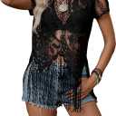 SweatyRocks Women's Sheer Lace Tops Short Sleeve Fringe See Through Blouse Crewneck Sexy Western Top (Medium, Black)