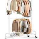 MISSLO Heavy Duty Clothing Racks for Hanging Clothes Rack Double Rod Garment Rack Rolling Closet Wardrobe Rack on Wheels, Metal, Adjustable, White
