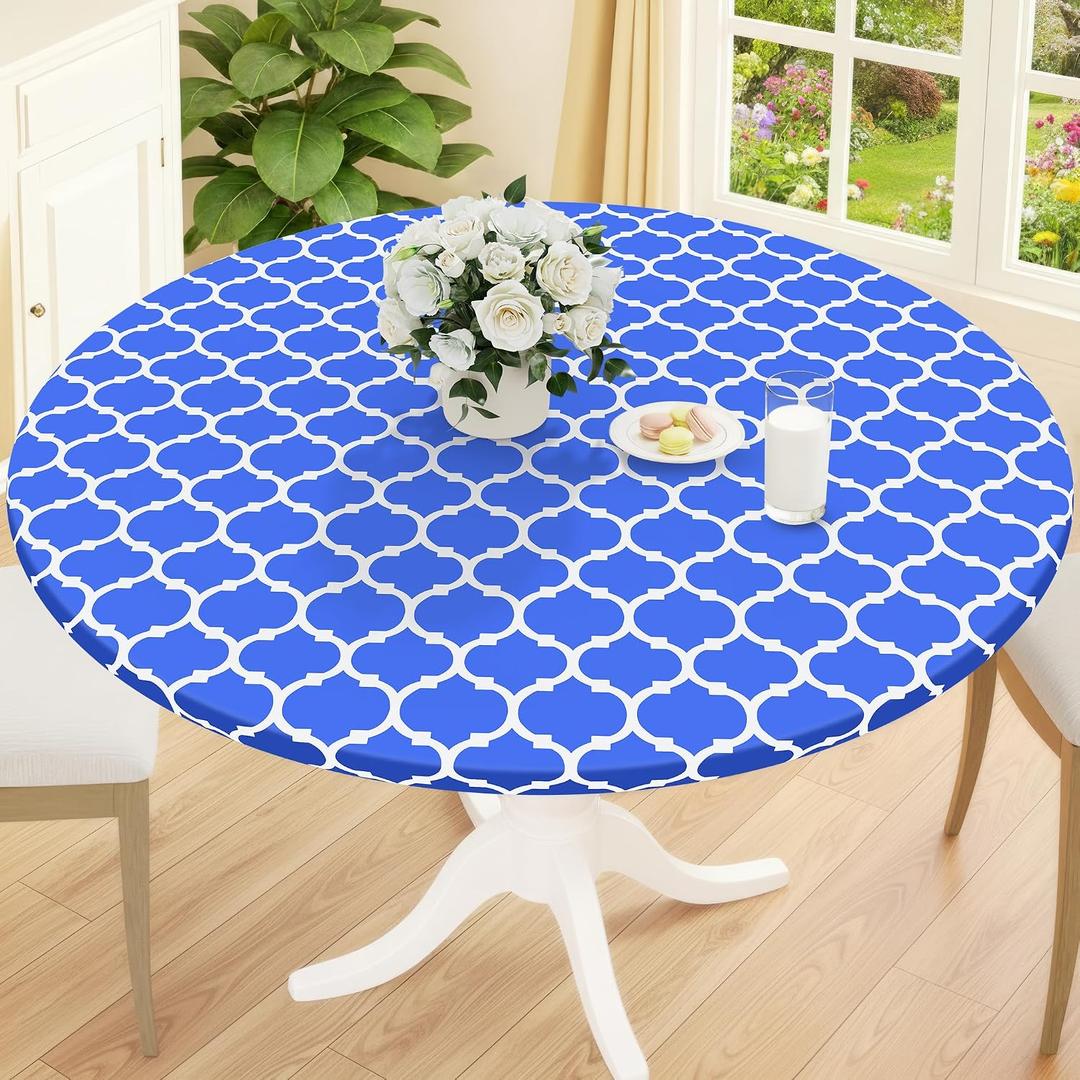 Smiry Round Picnic Tablecloth, Waterproof Elastic Fitted Table Covers for 36" - 44" Tables, Wipeable Flannel Backed Vinyl Tablecloths for Camping, Indoor, Outdoor, Blue & White