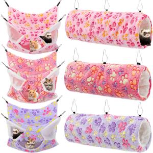 Sweetude 6 Pcs Rat Hammock Set Ferret Hanging Tunnel 3 Tier Guinea Pig Hammocks Hideout Soft Chinchilla Bed for Cage Accessories Hide,Play and Sleep(Dreamy,Paw)
