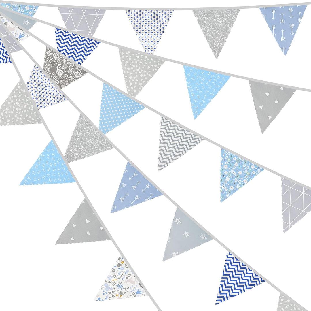 G2PLUS 39Ft Triangle Bunting Banner, 42pcs Cotton Pennant Banner, Grey Blue Reusable Floral Triangle Flags Party Decoration for Birthday, Wedding, Baby Shower, Room Decor