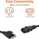 Amazon Basics PC Power Cord, 15 feet, AC Power Cord for Monitor, Computer, TV, 3 Prong, 18 AWG, 125 Volts, Black