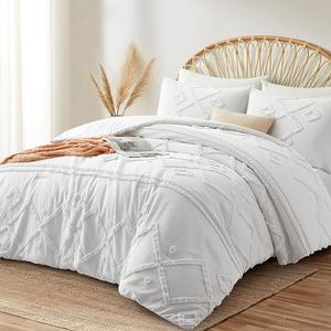 White Queen Comforter Set Tufted Bedding Set Queen 3 Pieces, Boho Shabby Chic Comforter with 2 Pillowcases (Pure White,Queen)