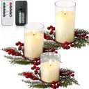 Aurelema 6 Pcs Christmas Flameless Candles with Rings Wreaths Small Artificial Red Berry Ring LED Battery Operated Candle with Remote Control for Xmas Table Centerpieces Cabinet Window Decor (3.9/ 4.9 / 5.91 Inch, Ivory)