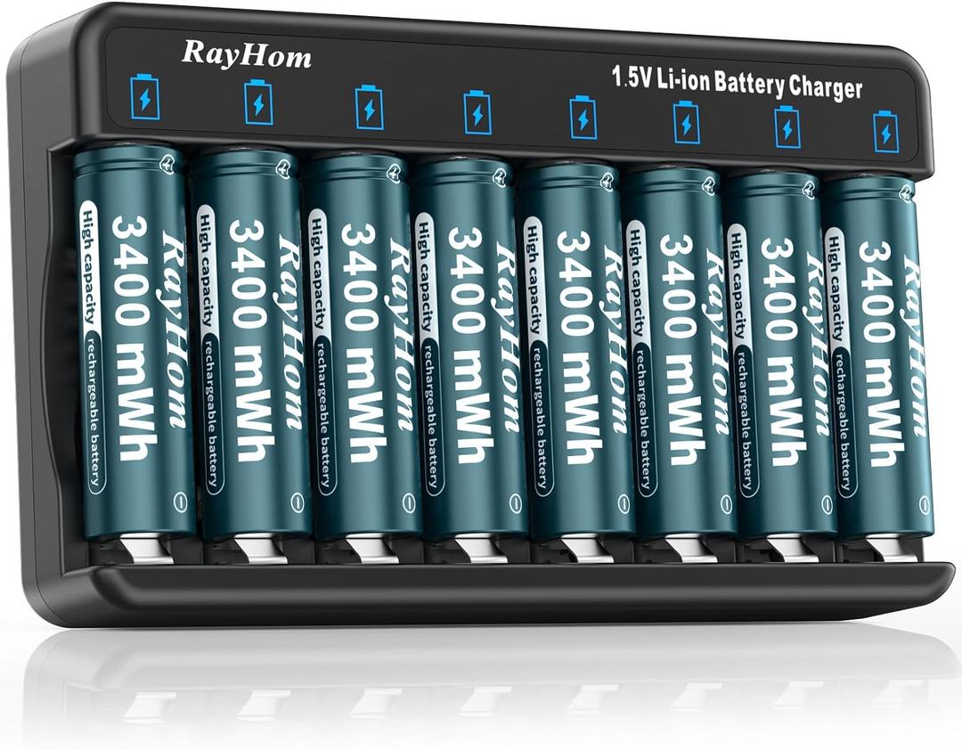 Rechargeable AA Lithium Batteries with Charger, 8Pack Li-ion Double a Batteries, 1.5V 3400mWh High Capacity, Cycle Times Over 1000+