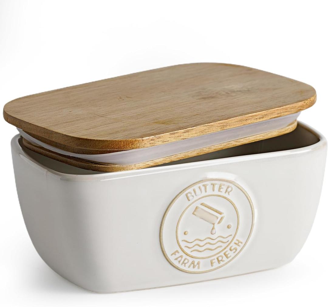 Getstar Ceramic Butter Dish with Acacia Lid for Countertop, Silicone Sealing, Farmhouse Kitchen Counter Decor, Large Butter Keeper Container (6.5x4)
