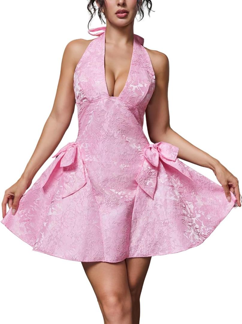 Halter V Neck Mini Dress, Jacquard Bow A Line, Homecoming Prom, Sexy Short Dresses for Women HOCO Formal Birthday (Medium, Pink)