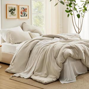 Queen Comforter Set - 7 Pieces Beige Queen Bedding Set for All Seasons, Boho Contrasting Design Bed in a Bag with Comforter, Sheets, Pillowcases & Shams
(Sage Beige ,90''x90'')
