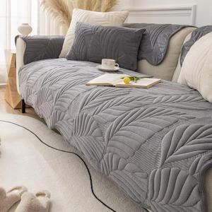 vctops Leaves Pattern Plush Sofa Cover Super Soft Warm Sectional Couch Cover Non-Slip Sofa Slipcover for Dogs, Cats, Kids, Pets Furniture Protector (Dark Grey,43"x94")
