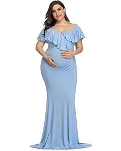 YnimioAOX Maternity Long Dress Ruffles Elegant Maxi Photography Dress Stretchy Slim Gowns for Photoshoot,Light Blue,Medium