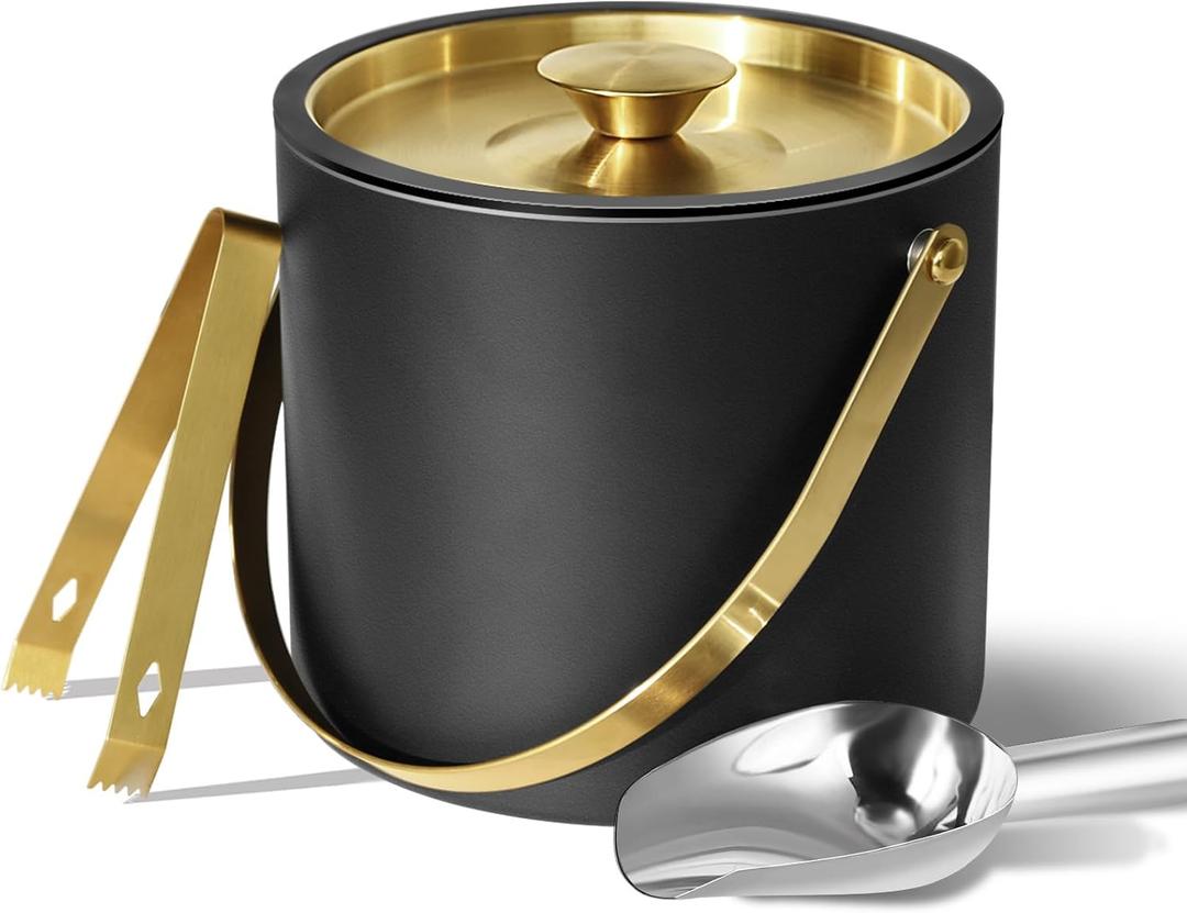 3L Ice Bucket with Silicone Lid, Scoop, Gold Tongs & Strainer, Stainless Steel Double Wall Insulated Ice Buckets for Parties & Cocktail Bar, Outdoor Champagne Ice Container Bin, Black (Matte Midnight Black)