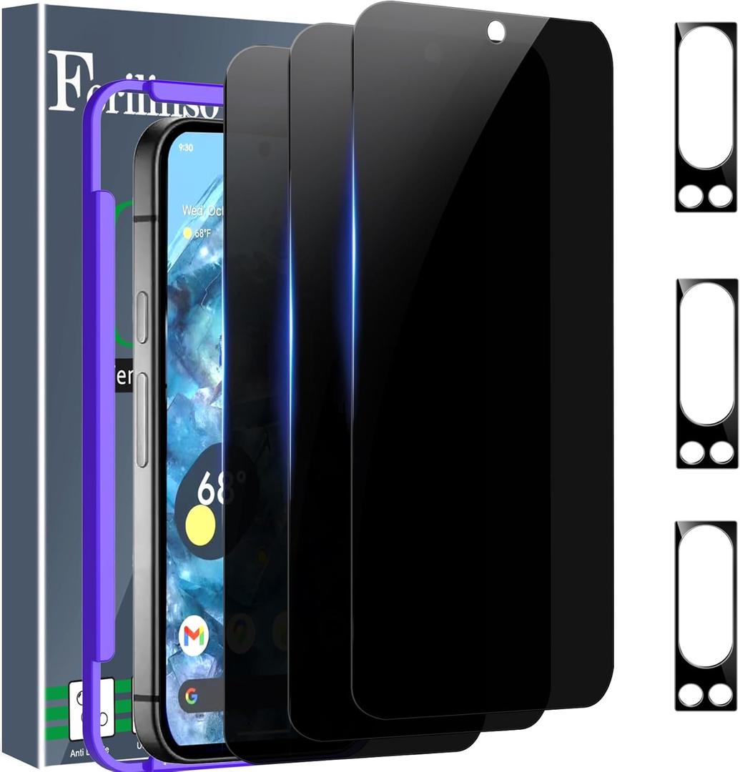 Ferilinso 3 Pack Privacy Screen Protector for Google Pixel 8 Pro with 3 Pack Tempered Glass Camera Lens Protector Phone Case Friendly Accessories Protector de Pantalla for Google Pixel 8 Pro