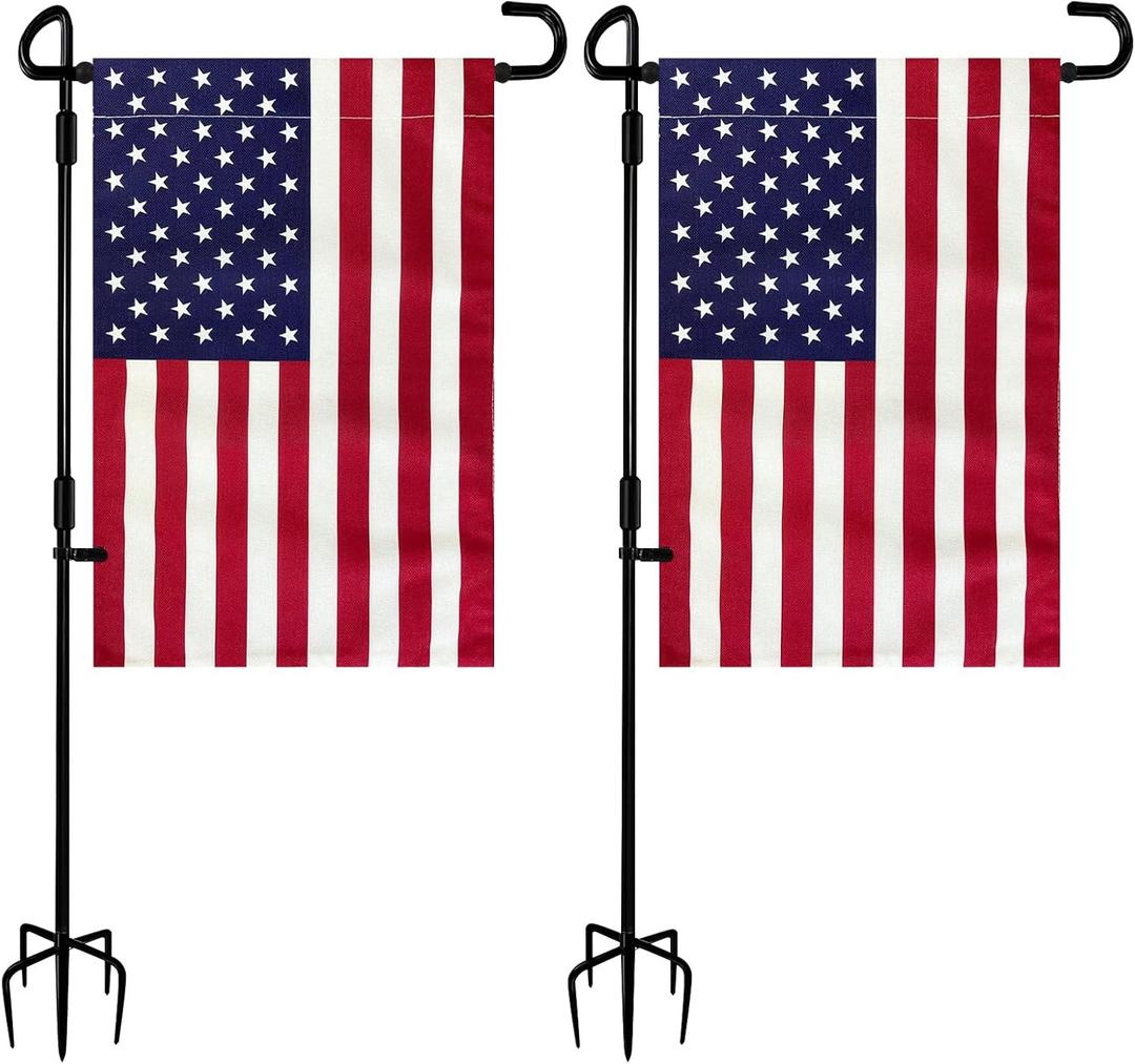 TOPFLAGS 2 Pack Garden Flag Stand with American Flag Garden Flag Heavy Duty Metal Yard Flag Holder Pole Stake Small Flag Stands for Garden Flags 12 x 18 with Clips and Stopper