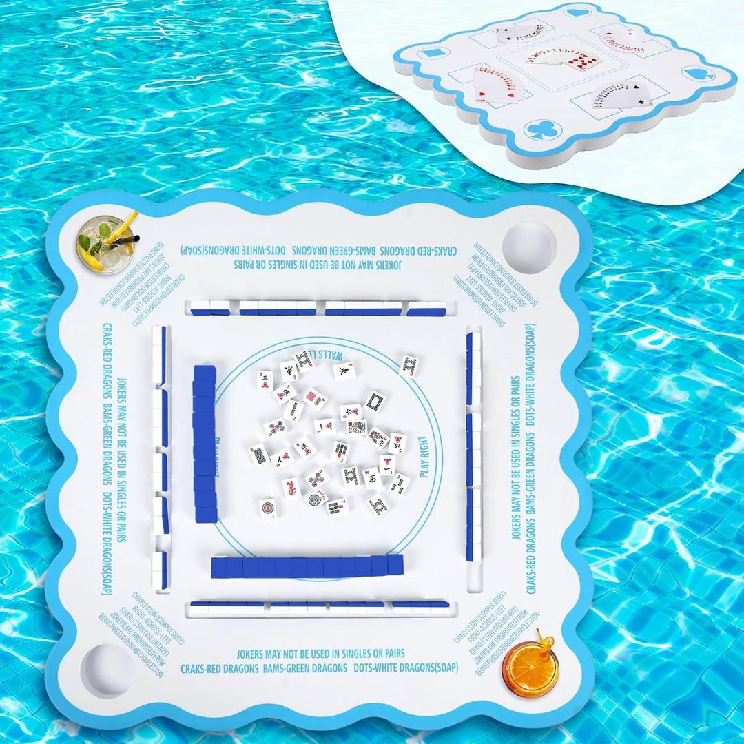 Mahjong Game Floating Table with Rules for Pool Double Side Poker Float Board for Card Games Scrabble Dominoes Mahjong Game Tray for Water Swimming Pool and Hot Tub Summer Beach Party Supplies, 31.5 X 31.5 X 1.6 Inches