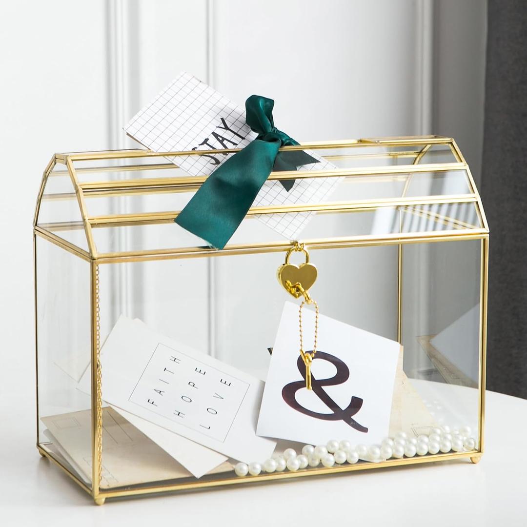Wedding Card Box with Slot, 12.2'' Large Glass Card Boxes for Reception, Gold Cards Holder, Clear Decorative Storage Box with Lock for Baby Shower, Birthday Party, Christmas, Bridal Shower