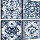 DJSYLIFE Bathroom Wall Decor Navy Blue Flower Paintings Canvas Prints Decoration Vintage Wall Art for Bedroom Framed Ready to Hang 12" Wx12 Hx4 pcs