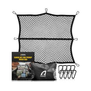 AUTOWN Cargo Net for Pickup Truck Bed - Stretchable 4'x4' to 7'x7', High Elastic Fine Mesh 1''x1'' with 8 Metal Carabiners - Ideal for ATV, SUV, UTV, Truck and Boat Use (Single Layer)