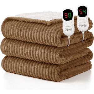 Homemate Electric Heated Blanket Queen Size - 84"x90" Heating Blanket Queen Size Dual Control 1/2/4/6/8 Hours Auto-Off 10 Heat Level Over-Heat Protection Soft Flannel Sherpa ETL Certification (Beige (Striped))