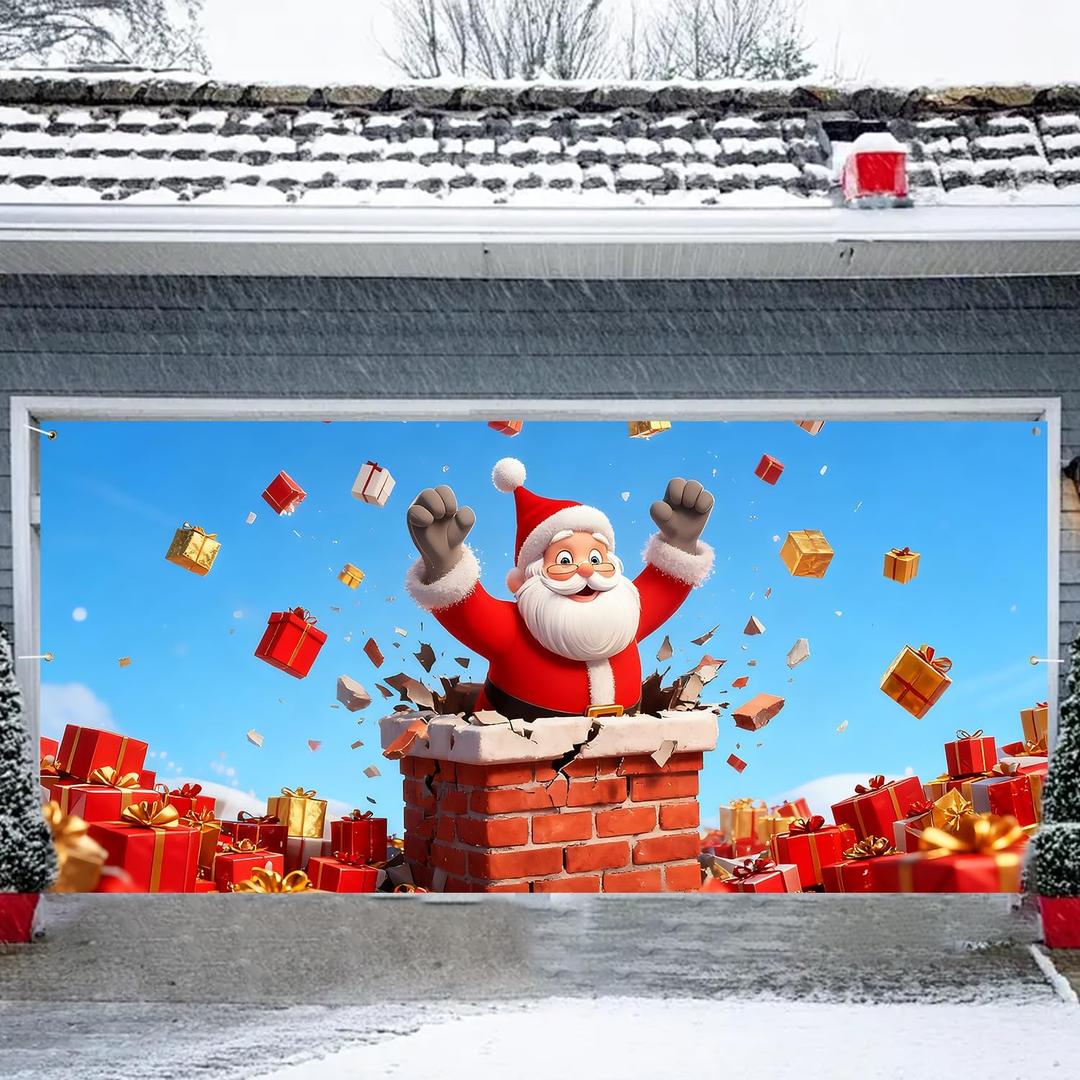 6x13FT Merry Christmas Garage Door Banner Xmas Santa Claus Snowman Elk Aurora Christmas Decorations 71"x157" Garage Door Cover Decoration for Christmas Party (01)