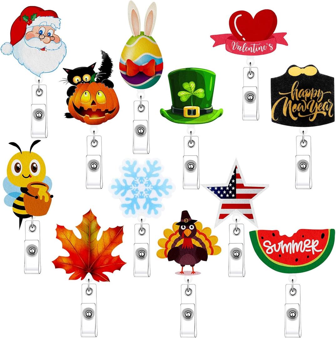12 Pcs Holiday Badge Reels Rabbit Retractable Nurse Badge Clip Reels Holder Felt with Clip for Teachers Doctor Employees Volunteers Xmas Decor(Multi Style)