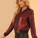 Allegra K Women's Halloween Jacket Sparkly Crew Neck Long Sleeve Holographic Lightweight 90S Shiny Metallic Bomber Jackets X-Large Red (L)