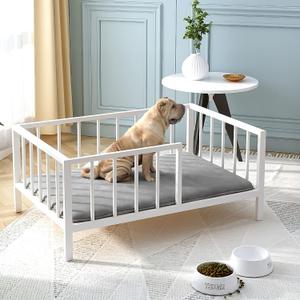 Dog Bed with Rails - Elevated Pet Metal Bed Frame with Solid Wood Board and Washable Soft Mat for Medium Dog Indoor or Outdoor Use, 25.2" x 37.8", White