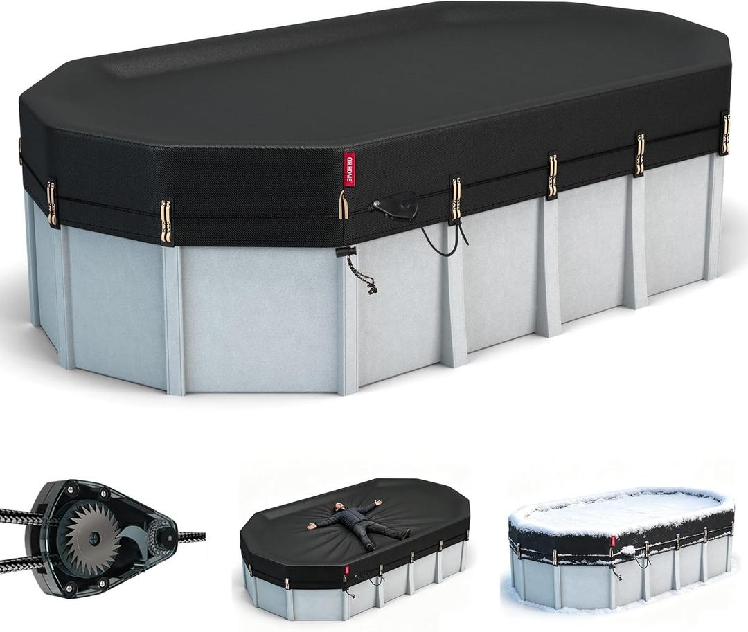 QH.HOME 18x33 Ft Oval Pool Cover for Steel Wall Pool,[Ultimate Windproof & Tear-Resistant Fabric],Snug Fit with Patented Ratchet & Weight Rings, Blocks Leaves &Waterproof
