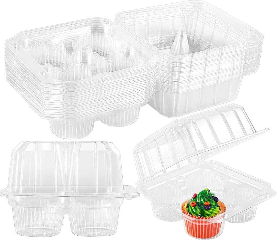 20 Pack Plastic Cupcake Containers, 4 Compartment Cupcake Carrier, Clear Cupcakes Boxes Holders with Lids, 4 Cavity Stackable Disposable Cupcakes Carriers for Muffins Storage