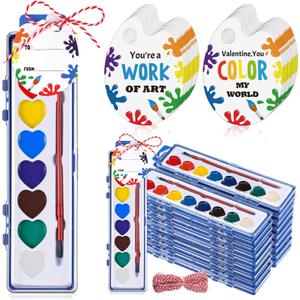 Sabary 18 Pack End of School Year Gift for Student Watercolor Paint Set Bulk with Card and Rope 8 Washable Watercolor Paint with Brush for Last Day of School Classroom Kid Art Party Favor (Heart)