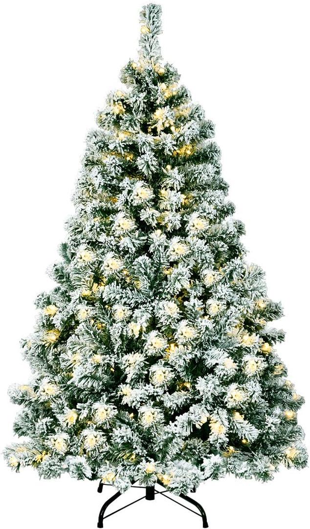 4.5 ft. Pre-Lit Snow Flocked Hinged Pine Artificial Christmas Tree with 200 Warm LED Lights