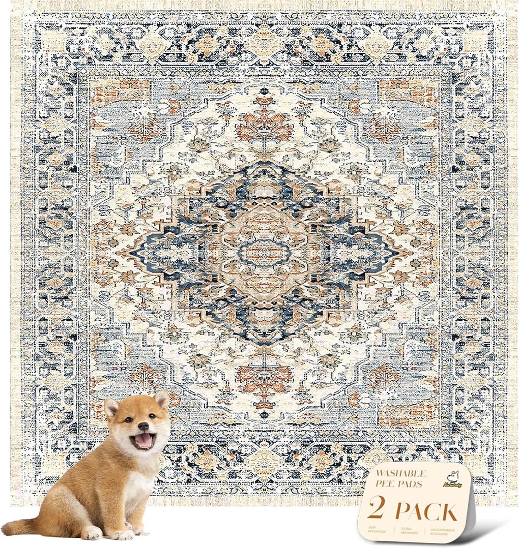 nunubaby Reusable Potty Pads for Dogs for Crates and Floors. Washable Pee Pads for Dogs, Stylish, Non-Slip and Leak-Proof Pee Pads. (Beige/Multi, 54" x54" ) (54x54 Inch (Pack of 2))