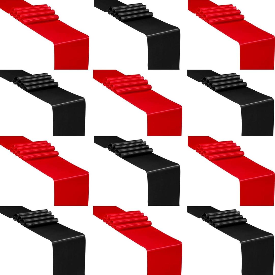 VitalCozy 12 Pcs Easter Satin Table Runners 12 x 108 Multicolor Long Satin Silk Table Runner Colorful for Graduation Wedding Birthday Party Banquet Decor(Black, Red)