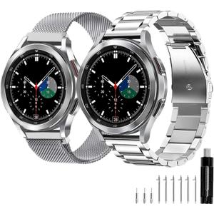 GOLDTOLUCK Stainless Steel Band Compatible with Samsung Galaxy Watch 8 7 6 5 4 Classic FE Pro 40mm 44mm 46mm 43mm 47mm 45mm 42mm 20mm Men Women Milanese Replacement Metal Elegant Casual (Silver&Silver)