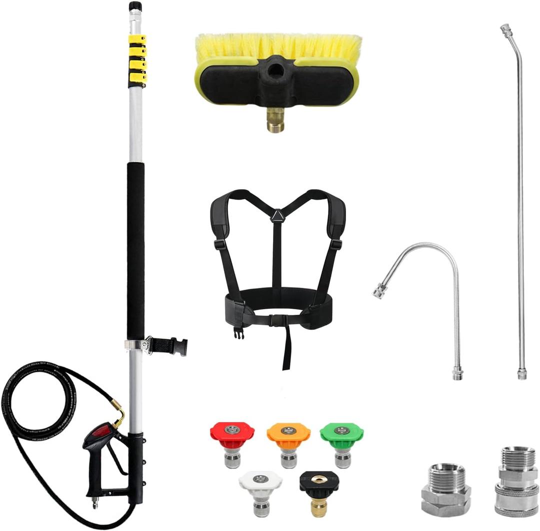 RAYNEL 24FT Telescoping Pressure Washer Extension Wand with Brush Head,Power Washer Extension Wand,Gutter Cleaner Attachment,5 Spray Nozzle Tips,Support Belt and 2 Hose Adapters