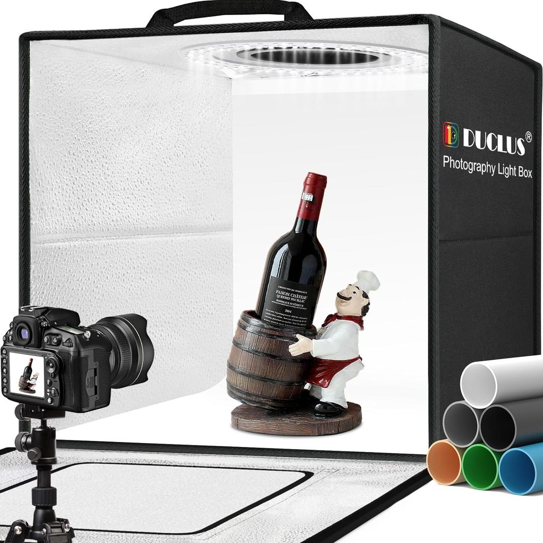 DUCLUS Light Box Photography 20" x 20", Large Portable Photo Studio Light Tent kit, Professional Dimmable Photo Booth with 216 LED Lights & 6 Backdrops for Jewelry and Food Items Product Photography
