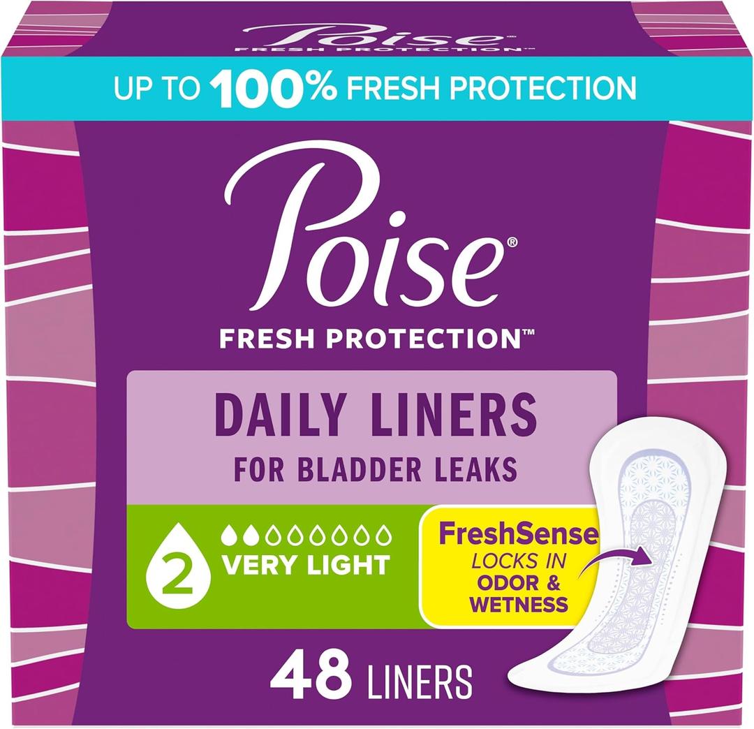 Poise Daily Liners, Incontinence Panty Liners, 2 Drop Very Light Absorbency, Regular Length, 48 Count of Pantiliners, Packaging May Vary