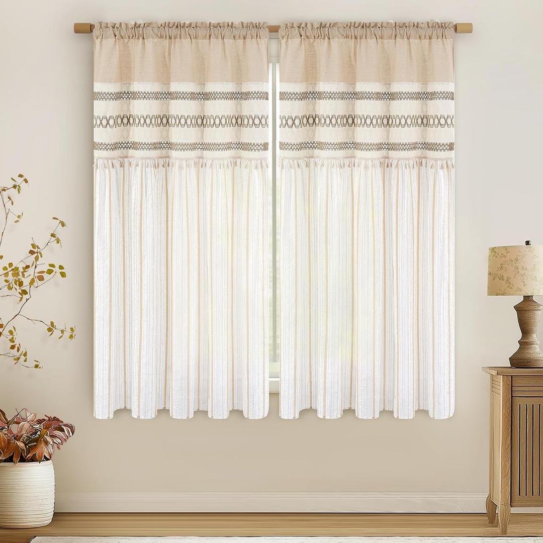 FRAMICS Linen Curtains for Living Room Striped Window Curtain Farmhouse Curtains for Bedroom Boho Crochet Drapes 63 Inch Length 2 Panels Set Light Filtering Drapes Rod Pocket Window Treatment