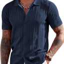 COOFANDY Men's Knit Shirts Short Sleeve Button Down Polo Shirt Fashion Casual Summer Beach Shirts (Blue, L)