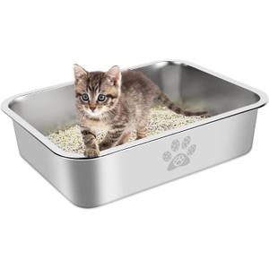 Stainless Steel Cat Litter Box High Side Cats Toilet Metal Kitten Litter Pan, Pet Cleaning Tool for Big and Small Cats, Rabbits, Splash-Proof and Non-Stick Cat Poop Box odorless 15.7"x11.8"x3.9" (XS-15.7"x11.8"x3.9")