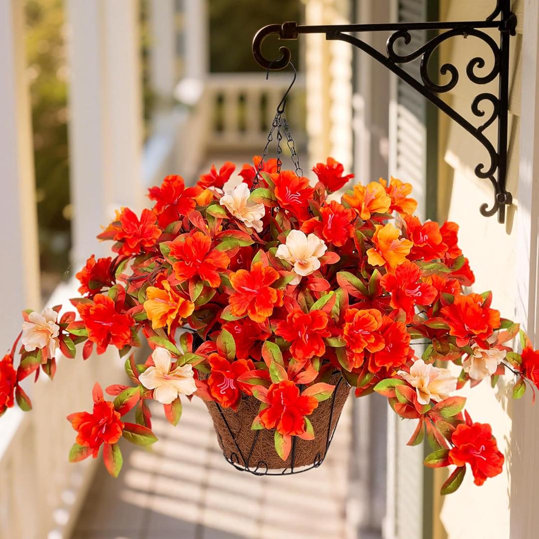 Fall Flowers with Hanging Basket Artificial for Decoration, Fake Silk Rhododendron Flowers for Outdoors, UV Resistant No Fade Floral for Home Garden Balcony Porch Patio Wedding Party Decor (Orange Yellow White With Basket)