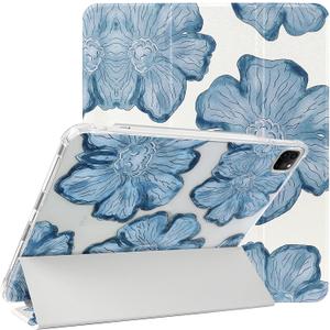 Lovmooful Compatible for iPad Pro 11-Inch,2022/2021/2020/2018 Model(4th/3rd/2nd/1st Generation) Case with Pencil Holder Cute Flower Soft TPU Trifold Stand Protective-Blue Floral