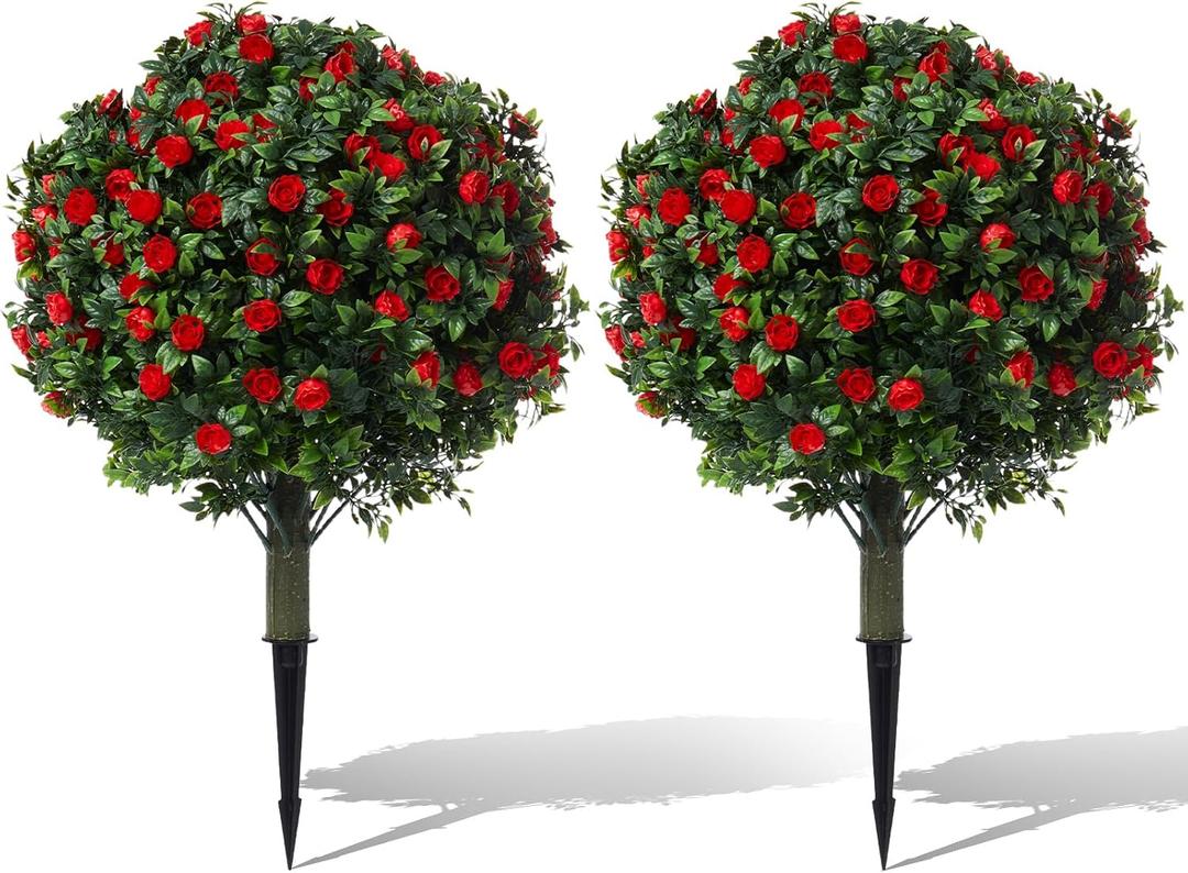 Set of 2 24" Artificial Boxwood Topiary Ball Trees with Red Rose, UV Resistant Fake Evergreen Shrubs Bushes Plants with Ground Spike Fake Plants for Outdoor,Indoor,Front Porch,Garden,Yard