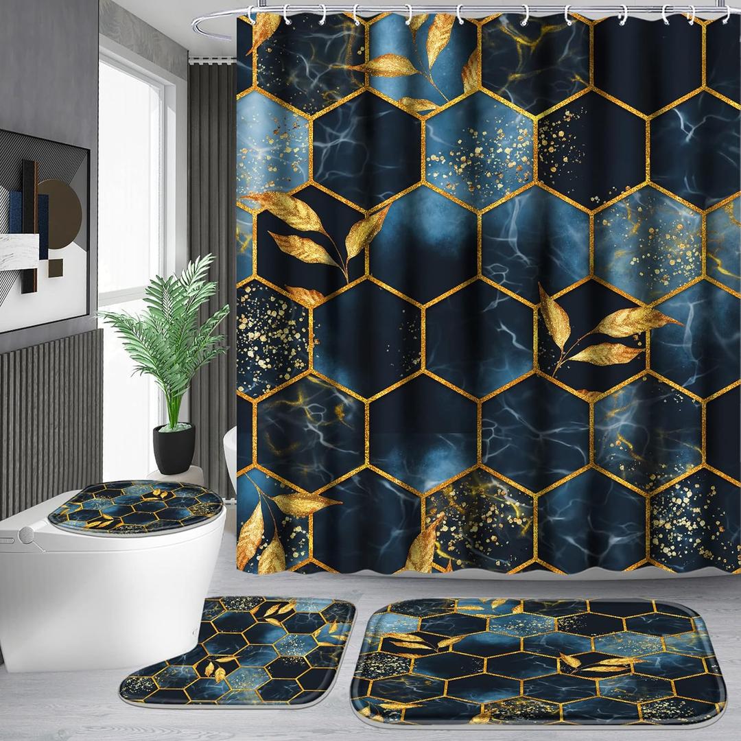 Poedist 4 Pcs Bathroom Shower Curtain Set,Bathroom Sets with Rugs(Bath Mat,U Shape and Toilet Lid Cover Mat) and 12 Hooks,Black and Blue Honeycomb Marble