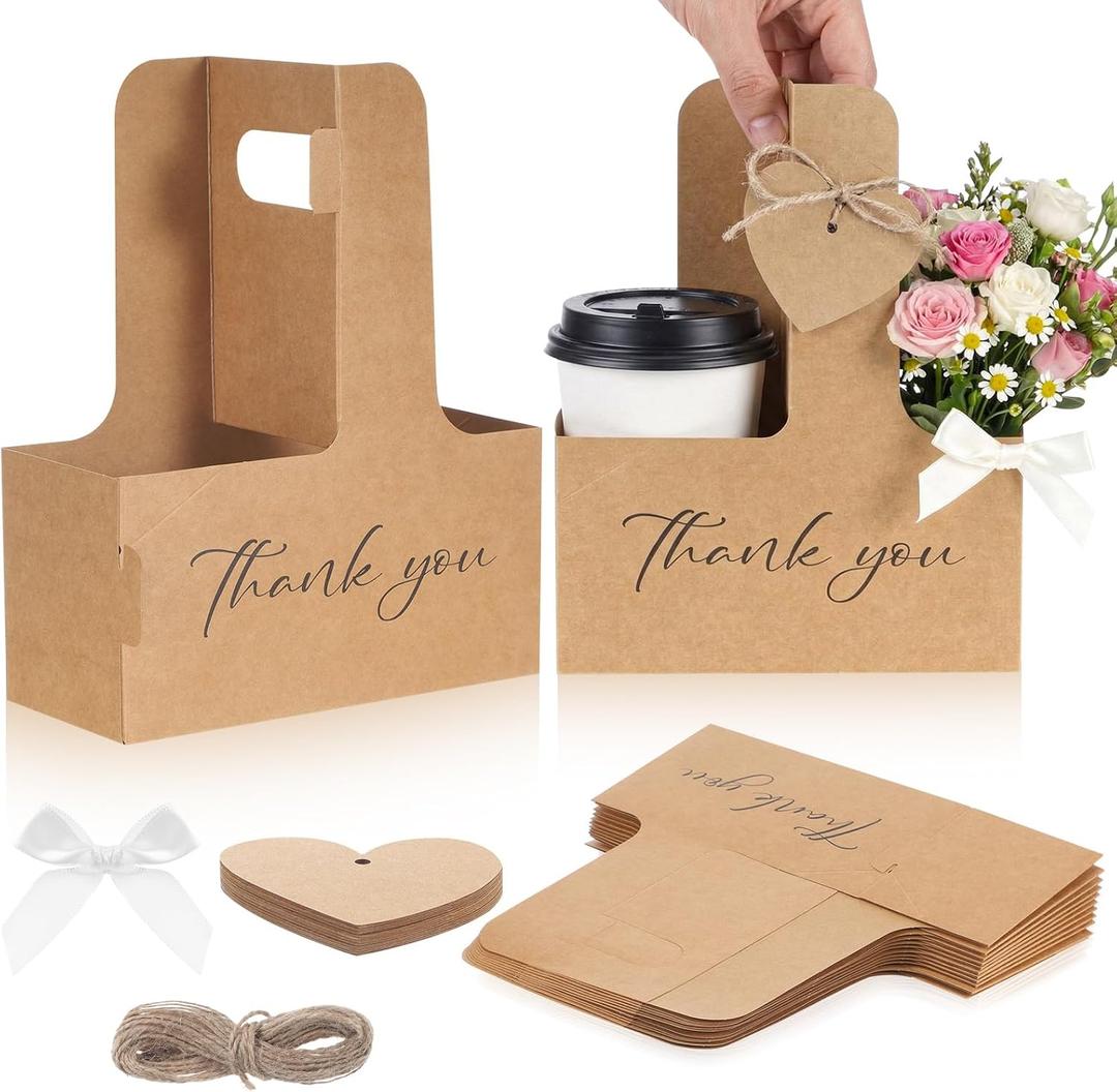 Tinlade 24 Pack 2 Cup Drink Carrier with Handle - Thank You Floral Gift Bags with Heart Cards, Bows, Ribbon & Twine for Mother's Day, Wedding, Volunteer Appreciation(Brown)