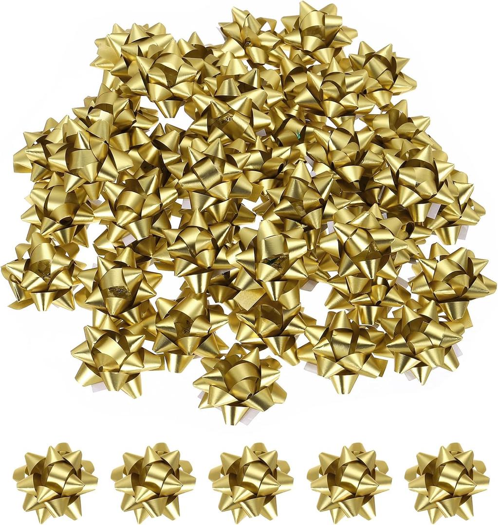 PATIKIL 1.5" Mini Star Gift Bows, 100Pcs Small Christmas Metallic Gift Wrapping Self-Adhesive Bows for Holiday Weddings Birthday Party, Matte Gold